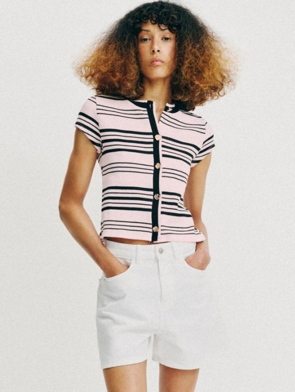 NWT Zara Striped Button-Front Short-Sleeve Button Cardigan Top In Pink/Black - S